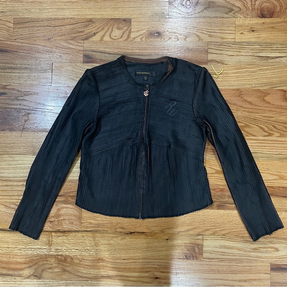 RW vintage stretch Genuine leather cut stripes jacket  sz L